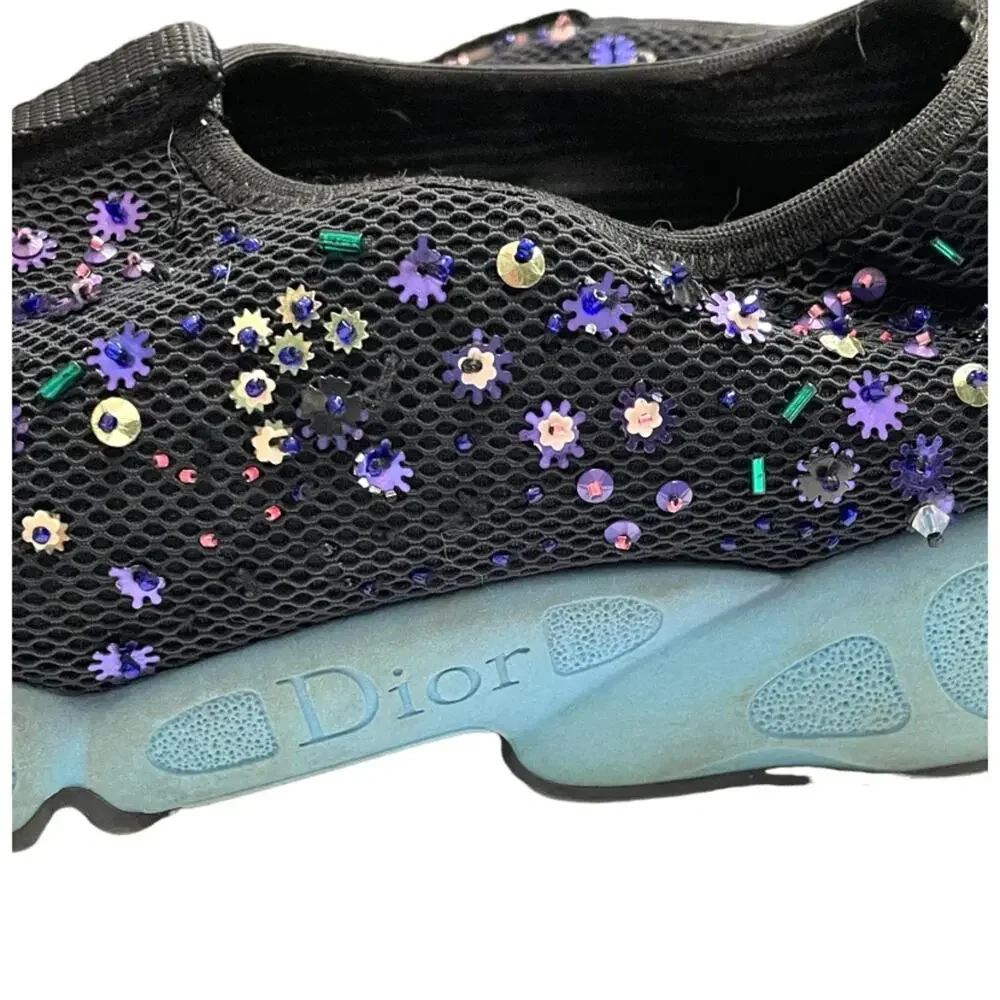 Dior Fusion Black Mesh Beaded Sequin Embellished Pull On Sneakers‎ 38.5 (8.5)